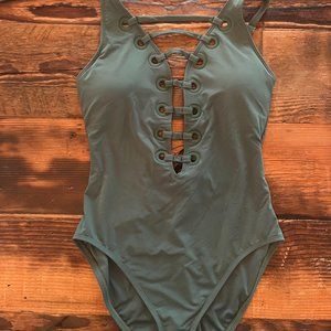 NWT - Bleu Rod Beattie - One Piece High Neck Lack Down Swimsuit - Olive